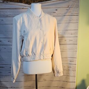 Cropped Bomber Jacket Lightweight Button Up Neutral Tan Beige Cute Everyday,‎ L